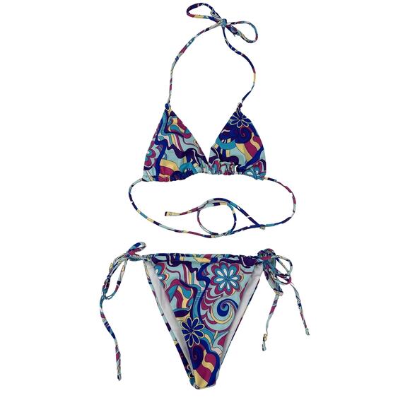 Unknown Brand - Triangle Halter Bikini Top & Tie Side Bottoms in Blue - Picture 1 of 3